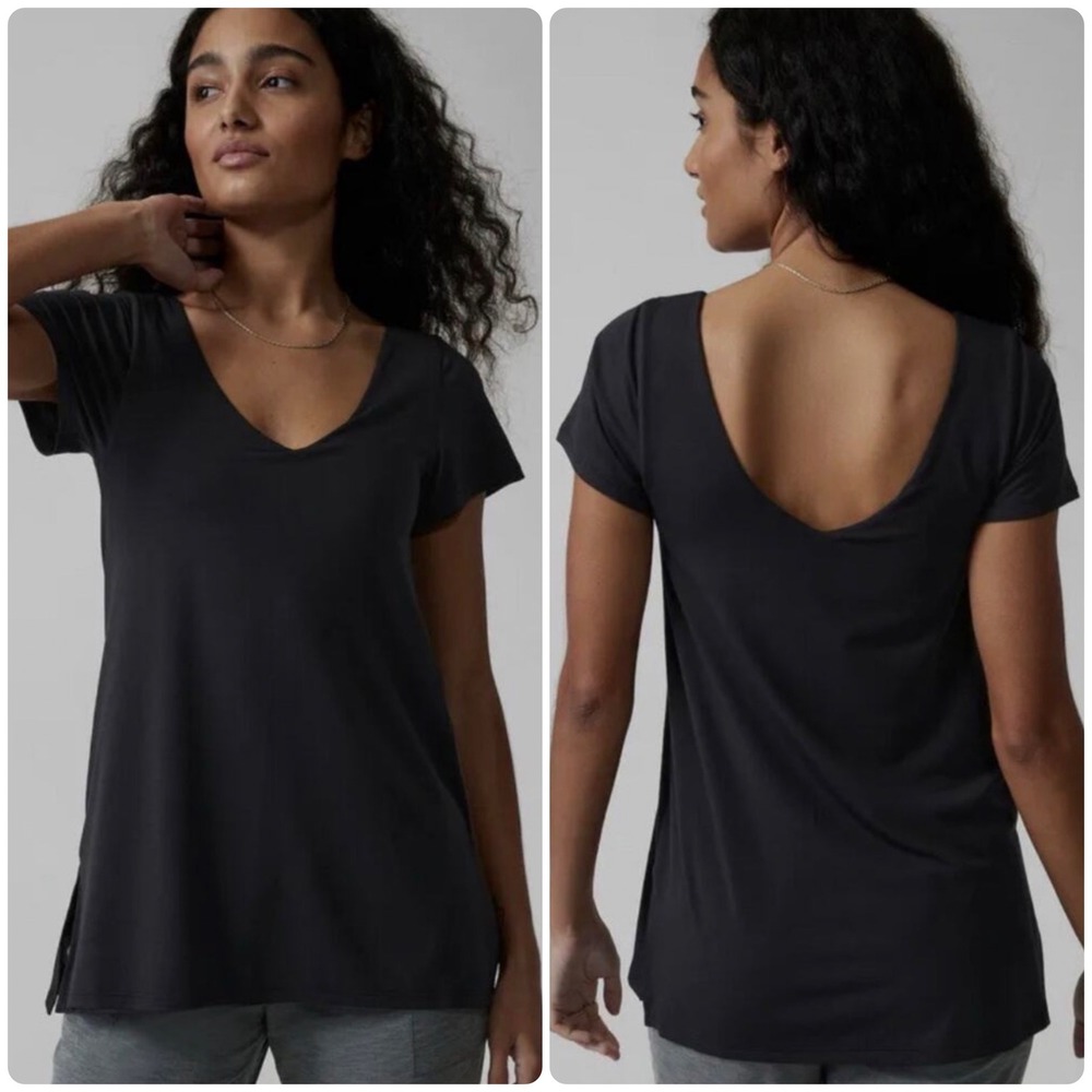 Athleta Womens Essence Support Top V-Neck Low Back Built In Bra Yoga Tee Navy S